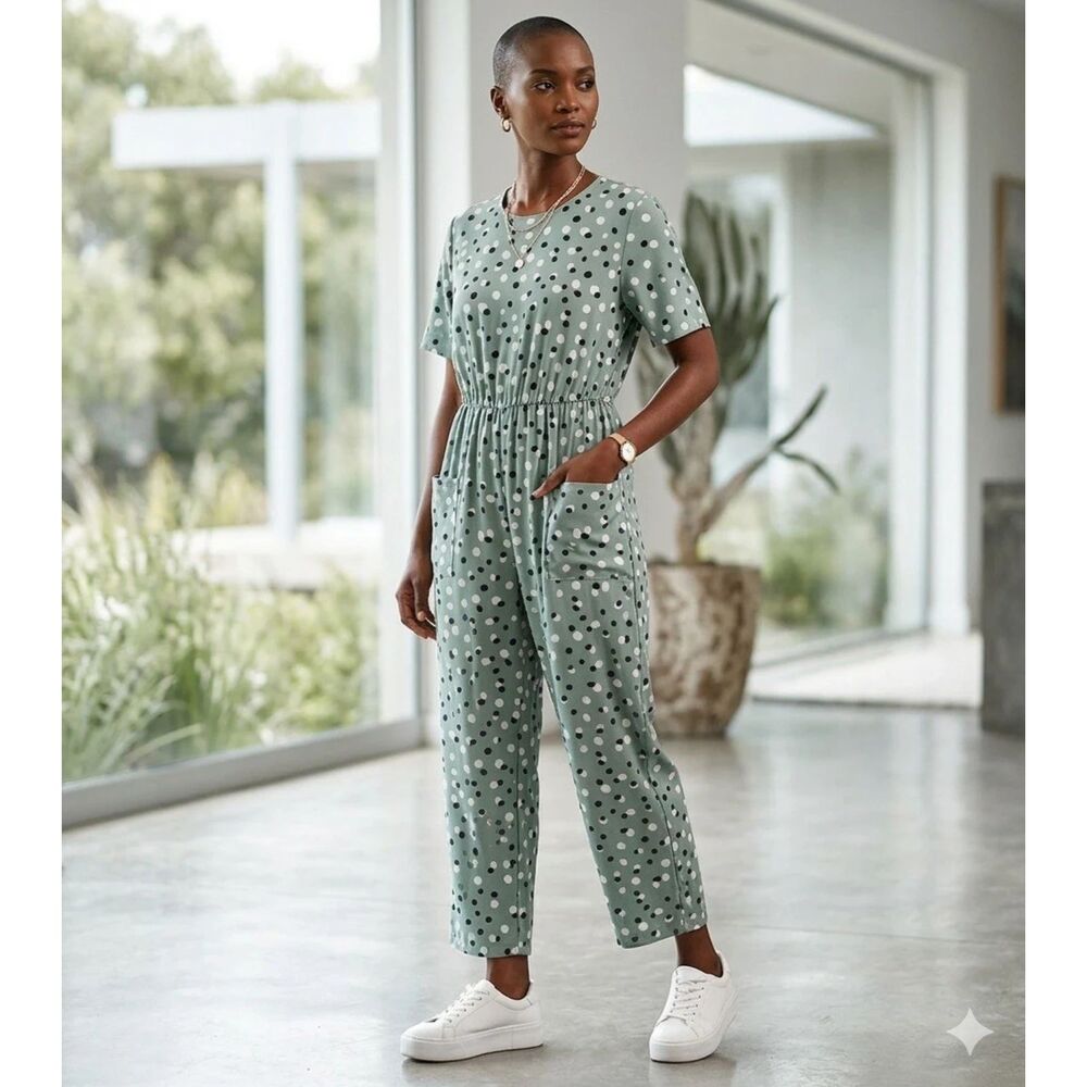 Shein Curve Jumpsuit Womens 2XL Green Wide Leg Polka Dots Short Sleeves Romper